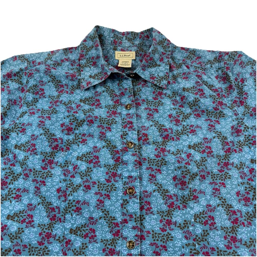 Vintage LL Bean Floral Button Up Womens M Blue Decorative Buttons All Over Print